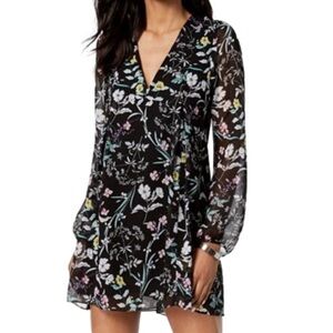 BCBGeneration Whimsical Floral Print Long Sheer Sleeve Mini Dress Medium Black